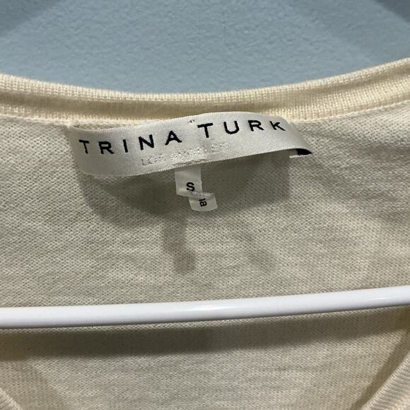 Trina Turk Womens V-Neck Merino Wool Sweater Size S Off White Fringe Resort Boho - Picture 2 of 7